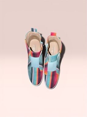 Crazy Train Turquoise Pink Orange Stripe Wedge Sneakers